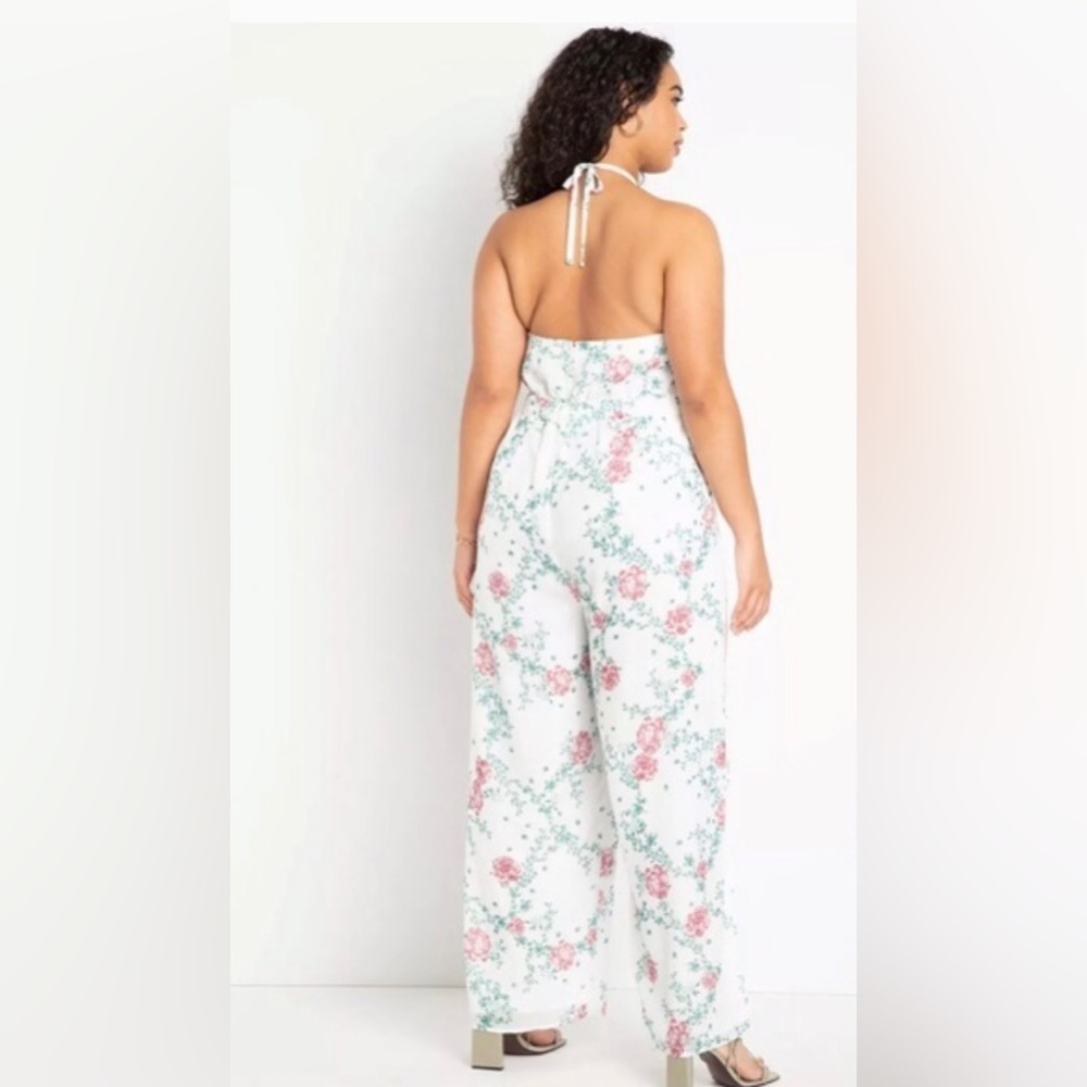 Eloquii|White chiffon floral halter jumpsuit with wide leg, open leg detail•••22 - Picture 4 of 17